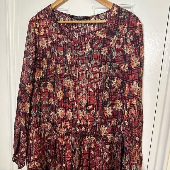 Peruvian Connection Silk Blend Tunic Long Sleeve Dress Red Floral Abstract 14 - Picture 3 of 6